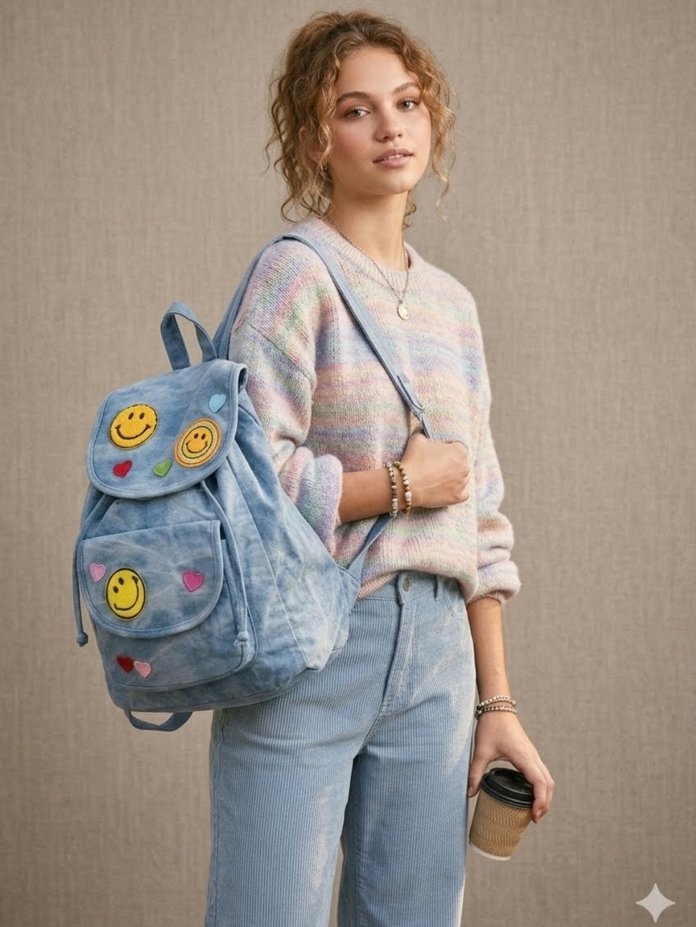 Blue Denim Jean Emoji School Backpack Book Bag Happy Face Hippie Kidcore 16X13"